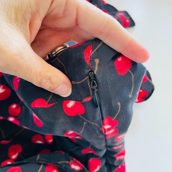 J. Crew 100% Silk Black Cherry Print Ruffle Cap Sleeve V Neck Midi Dress V Neck - Picture 8 of 12